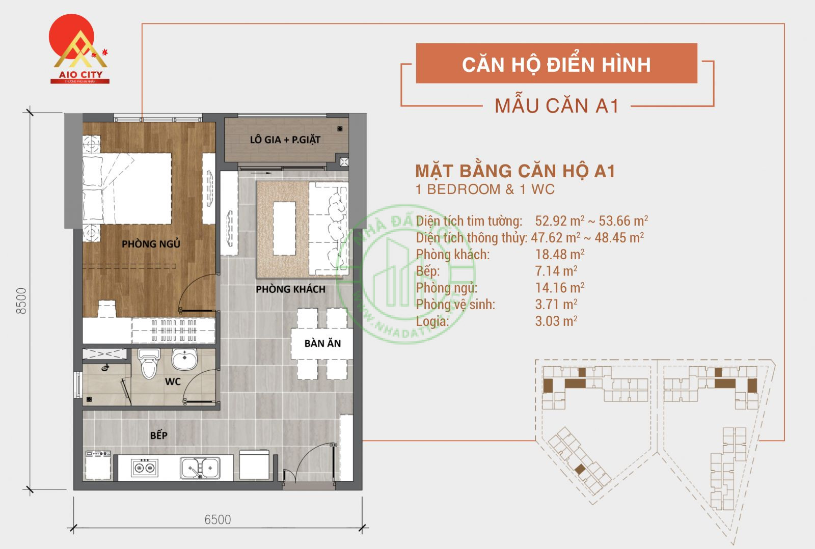 Mặt bằng căn hộ Gkey Homes 1 phòng ngủ 53m2