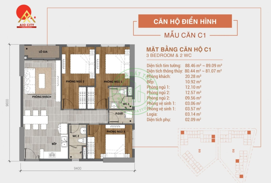 Mặt bằng căn hộ Gkey Homes diện tích 88m2
